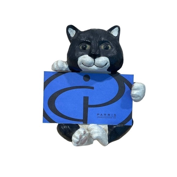 Black Cat Business Card Note Holder Figurine Paperweight Resin Whimsical Happy - Picture 1 of 6